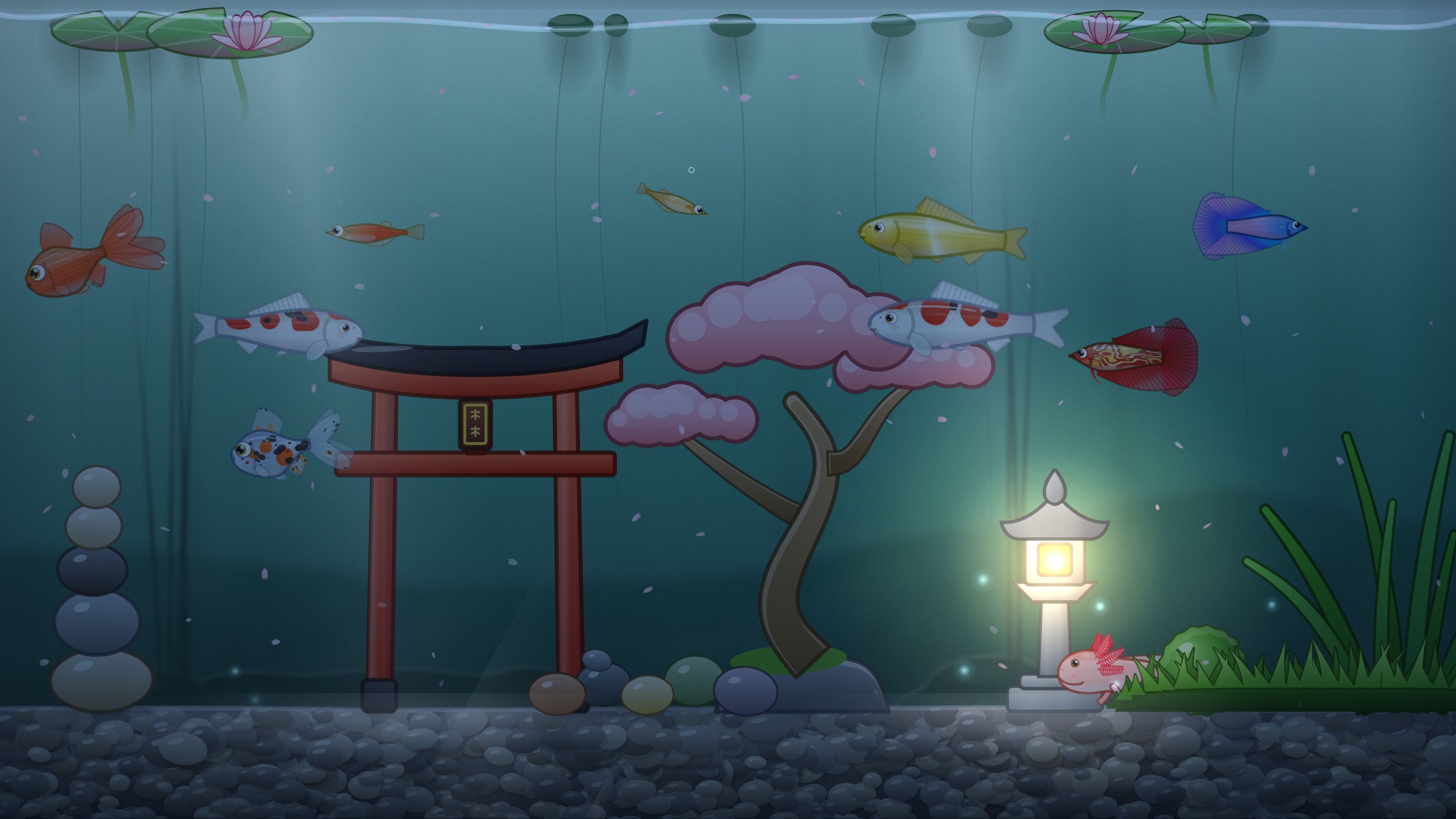 Tankbar’s Zen Pond at night: koi, a goldfish and bettas around a red torii gate and a blossoming bonsai, with an axolotl resting by a lit stone lantern.