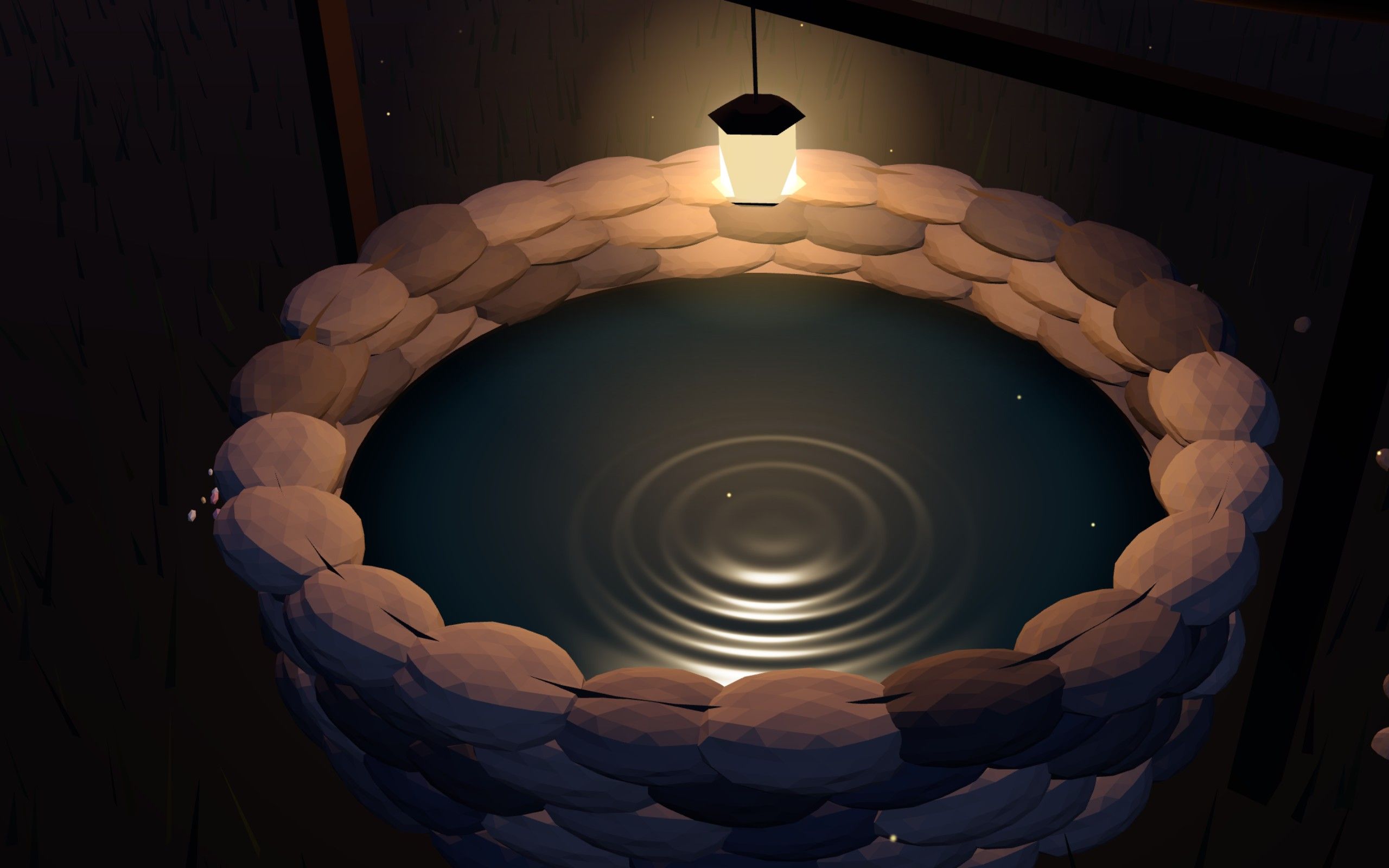 A stone well at dusk, a lantern hanging over the water.